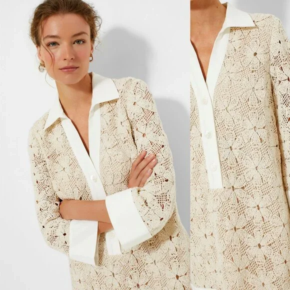 Tuckernuck NEW Tan Crochet Collier Collared Coastal Mini Dress Size S - Picture 3 of 10